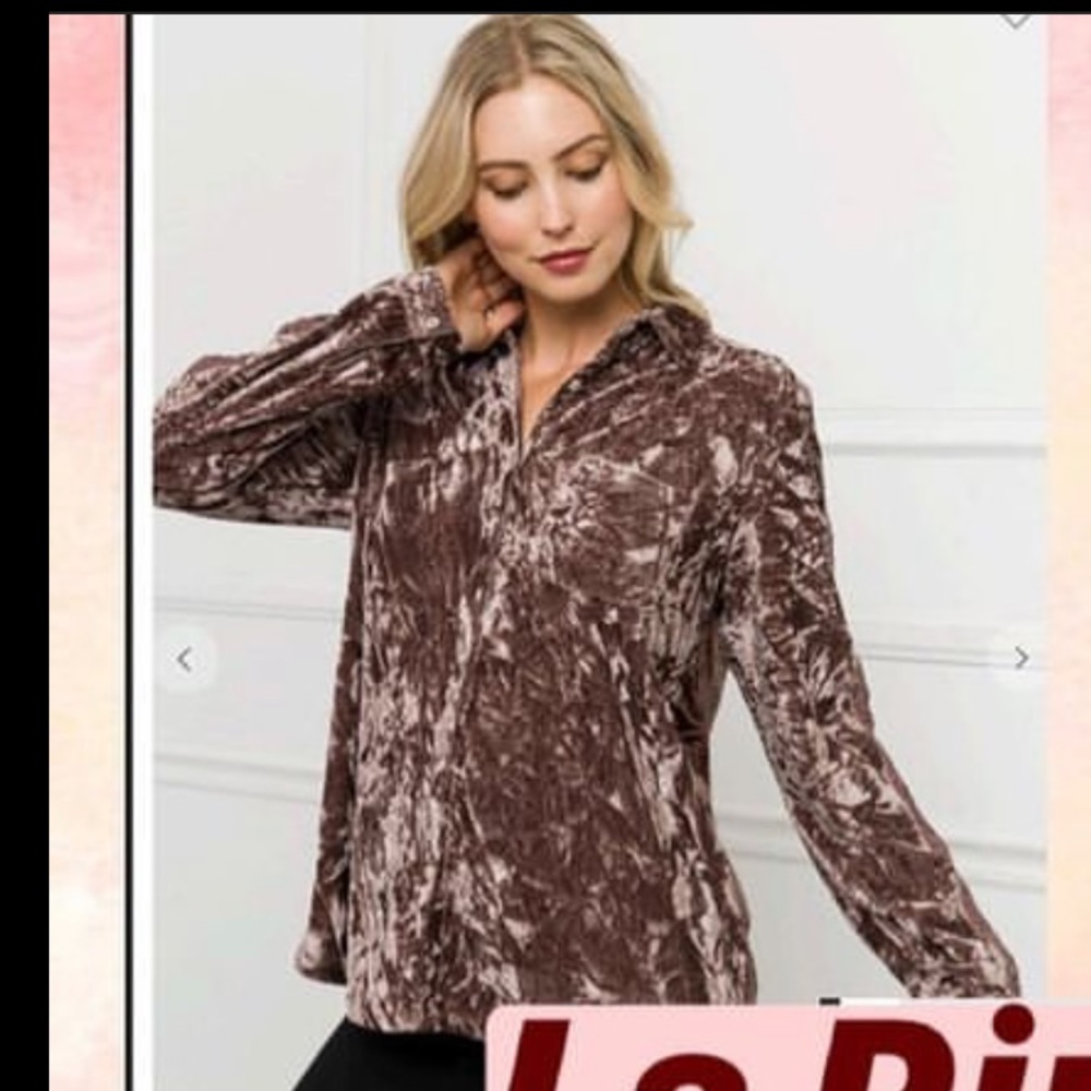Brown crushed velvet button down collared top with pattern on back